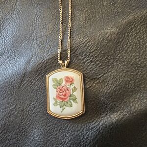 Avon Gold-Tone Pendant Necklace with Pink Rose Porcelain Inlay